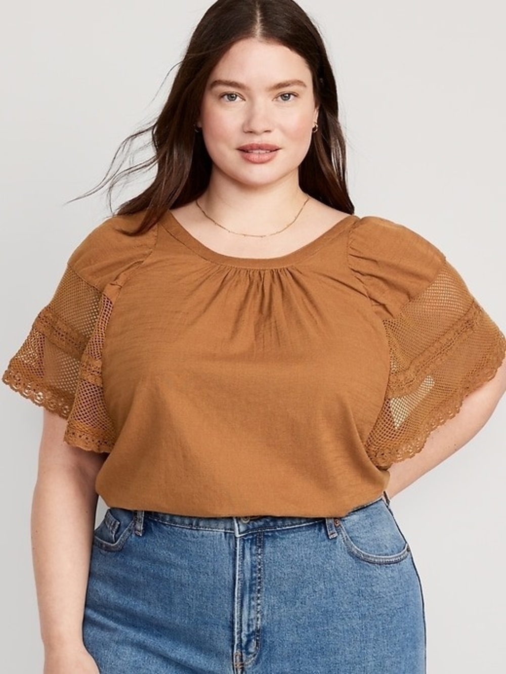 Old Navy Crochet Flutter Sleeve Blouse in Camel